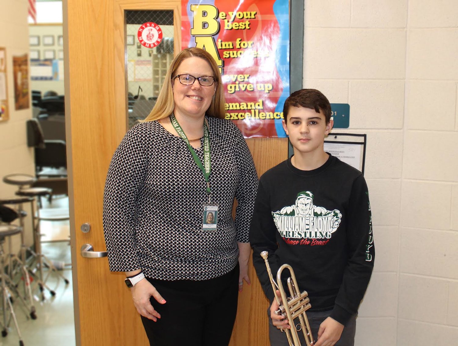 WFMS eighth-grade student Jack Meyer is pictured with his band teacher, Dawn Conefry.